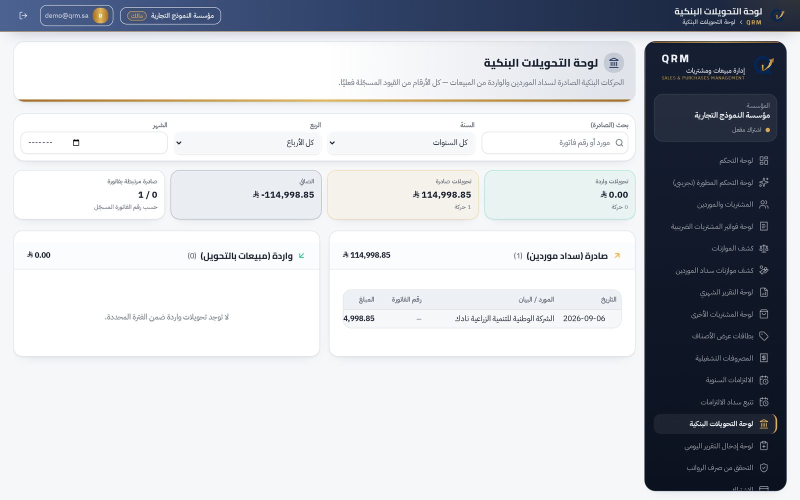 لقطة من صفحة لوحة التحويلات البنكية في منصة QRM